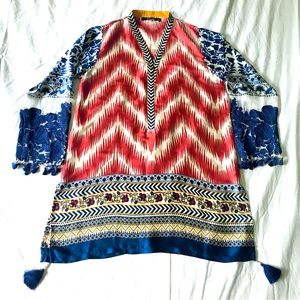 Khaadi Pret Pakistani Silk Kurta Embroidered Sleeves & Corner Tassels MultiColor